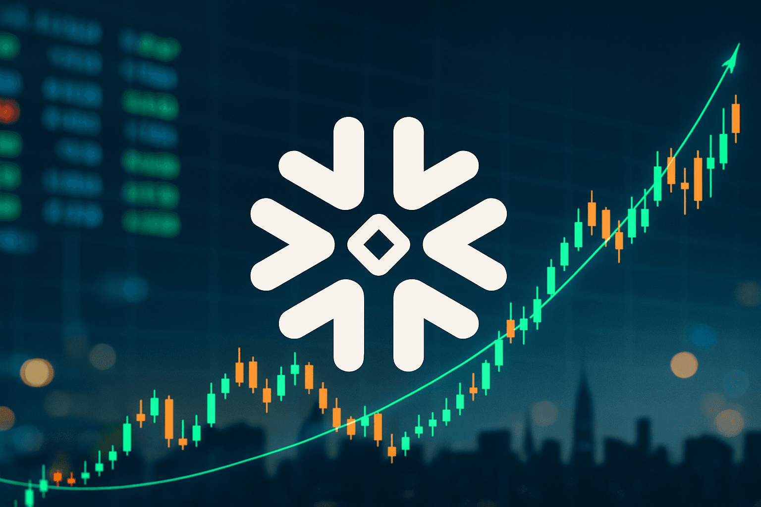 Snowflake logo displayed on a stock market-themed background with rising chart lines