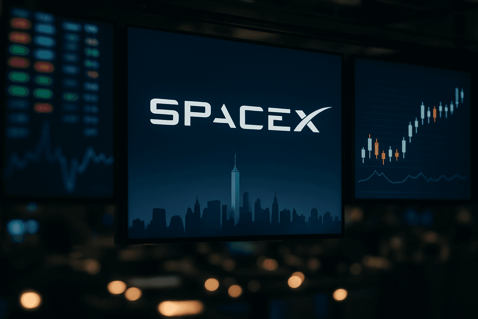 Traders watch SpaceX’s stock debut on screens at a U.S. trading floor