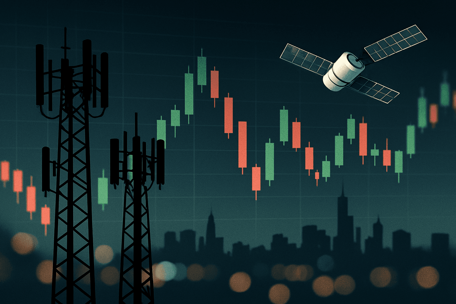 Editorial illustration of wireless towers and a satellite over a U.S. stock-market trading screen