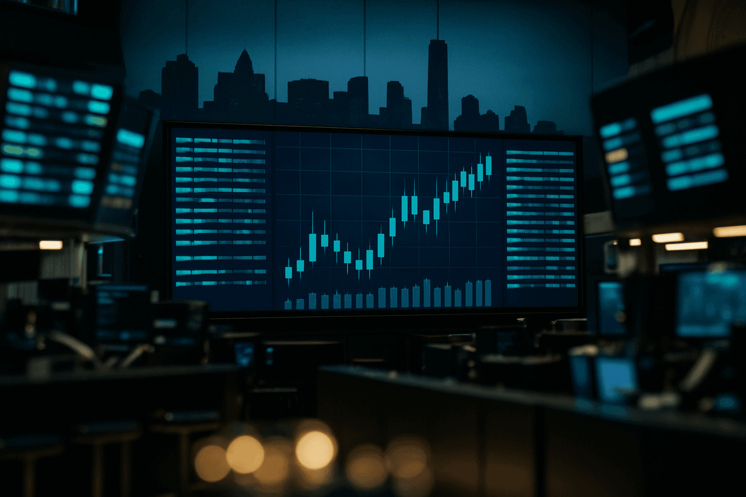 Traders on the floor of the New York Stock Exchange with a large screen showing market data