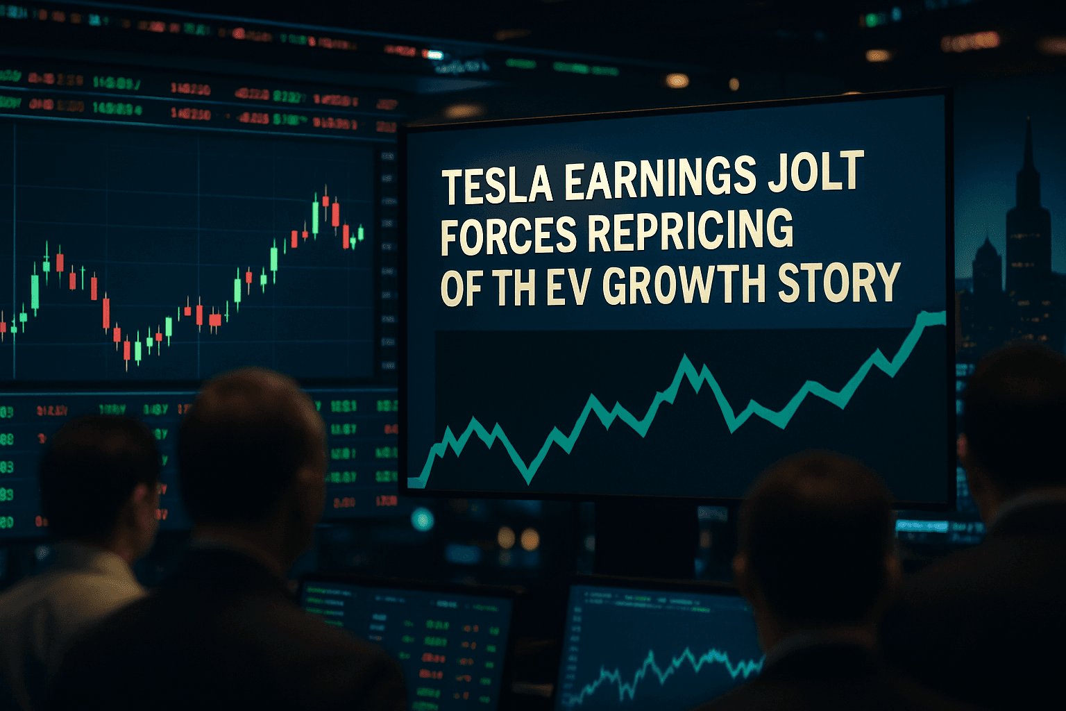 Traders watch Tesla’s stock move on a busy trading floor as earnings headlines flash across screens.