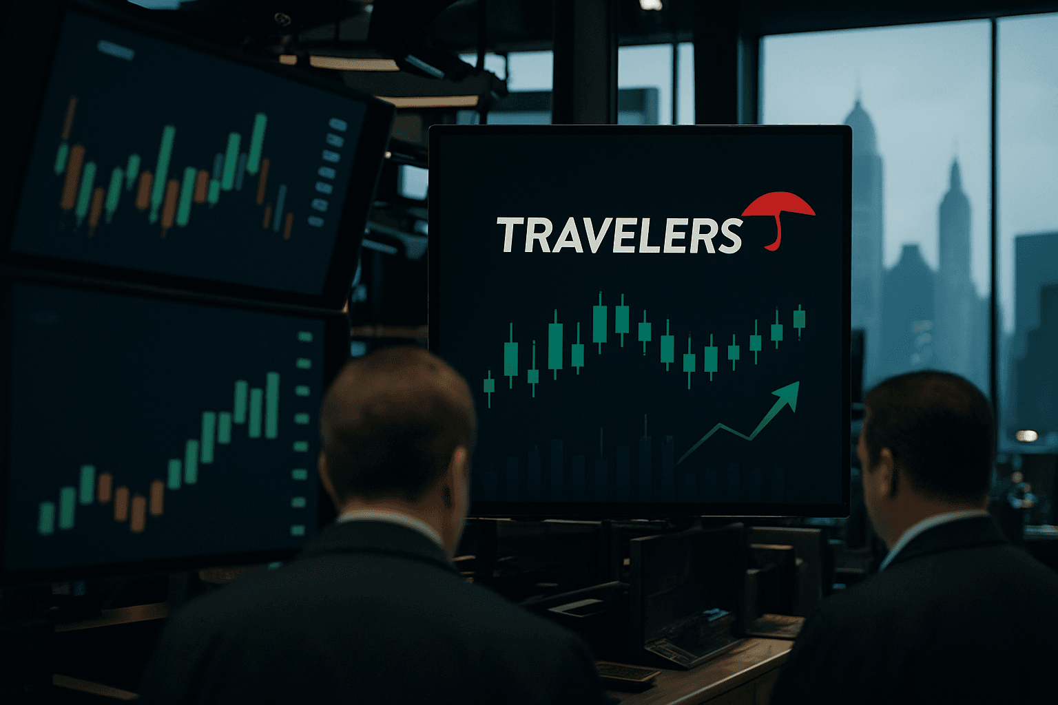 Traders on the floor of the New York Stock Exchange with Travelers Companies stock highlighted on a screen