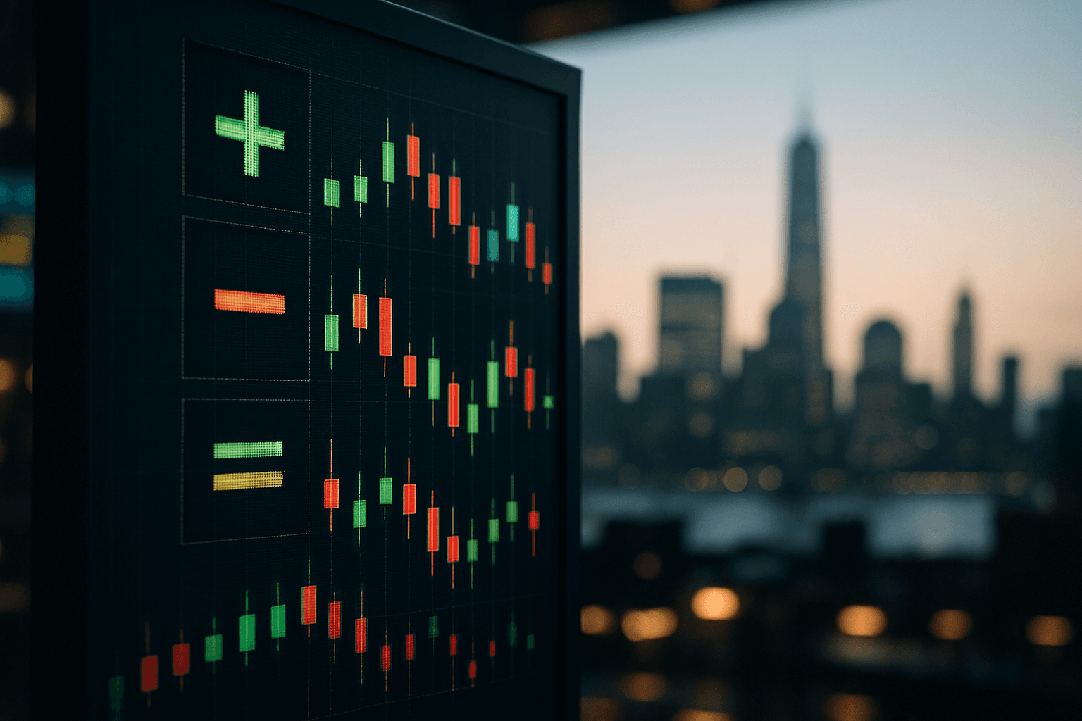 U.S. stock market screen showing mixed index performance and earnings-driven volatility