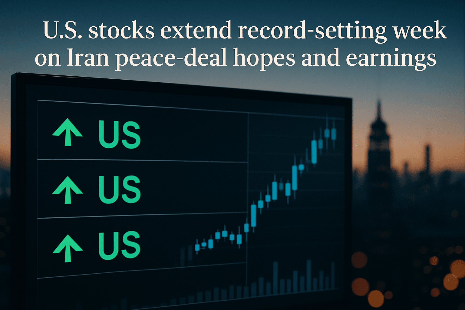 U.S. stock market trading screen showing major indexes higher during a record-setting week