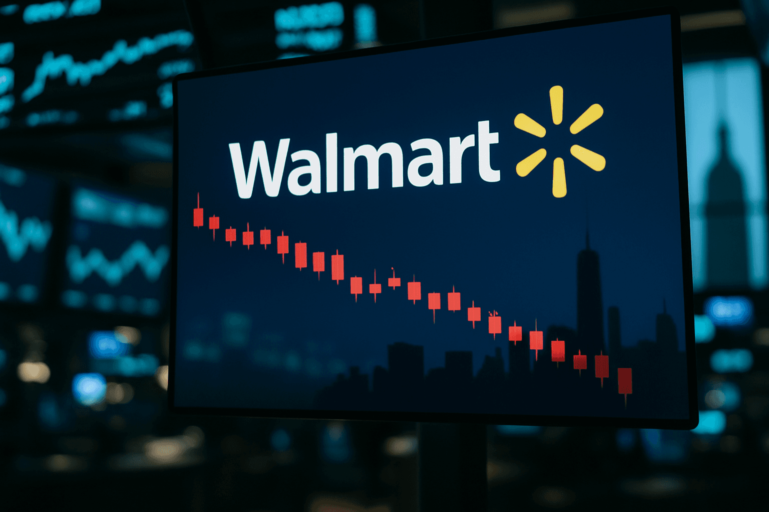 Traders watch Walmart shares on a screen at the New York Stock Exchange following a sharp post-earnings selloff.