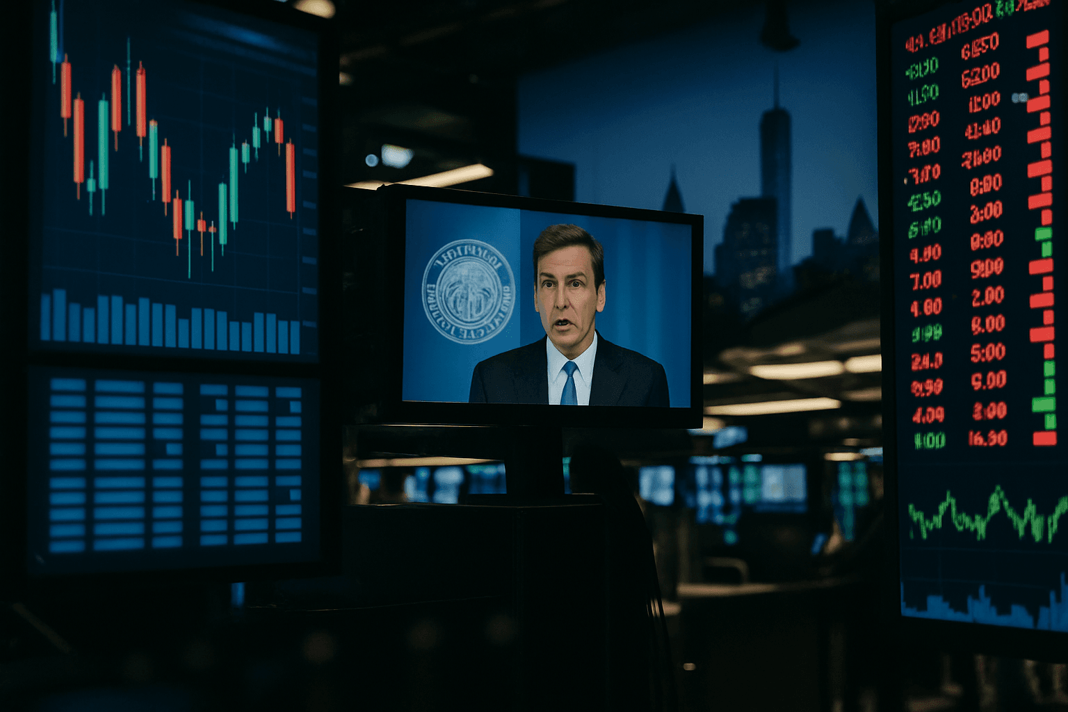 Traders on the floor of the New York Stock Exchange watch screens as Fed Chair Kevin Warsh speaks from Jackson Hole.